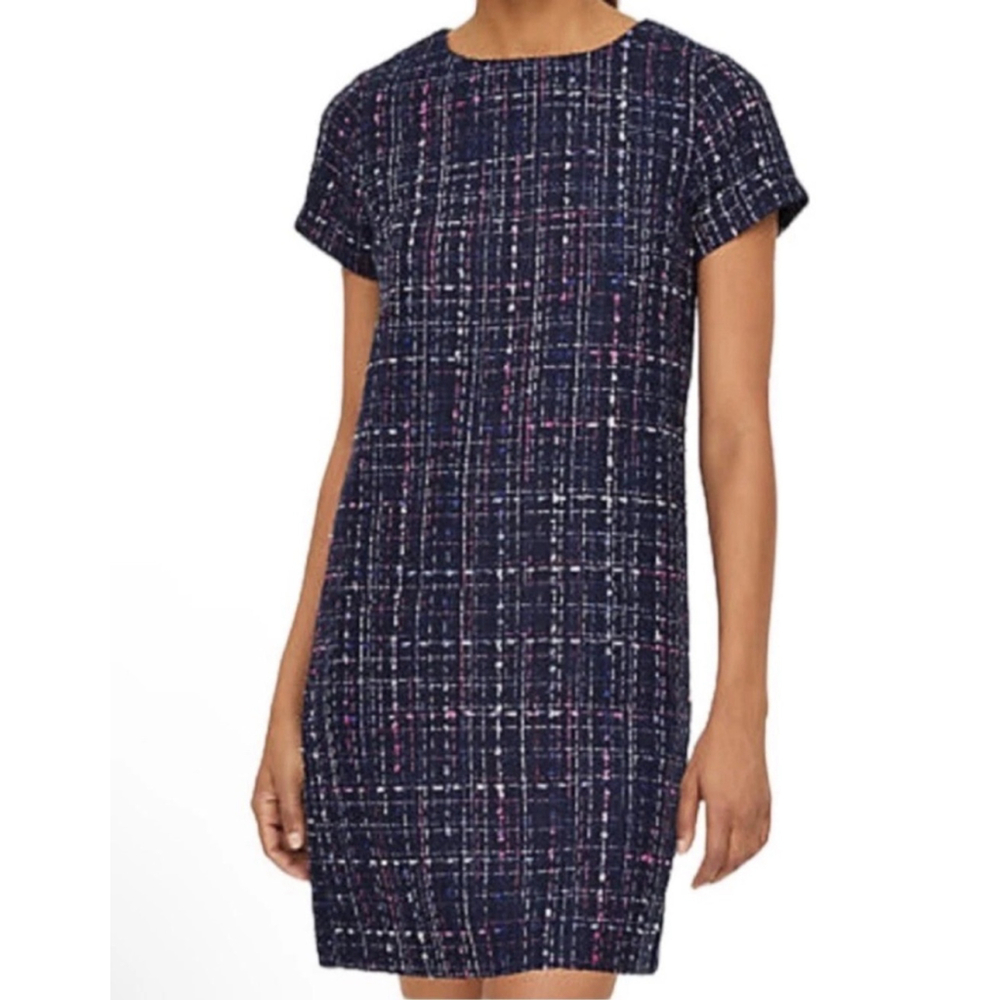 NWT Women's LOFT Outlet Petite Navy Pink Tweed Boucle Shift Dress 8P